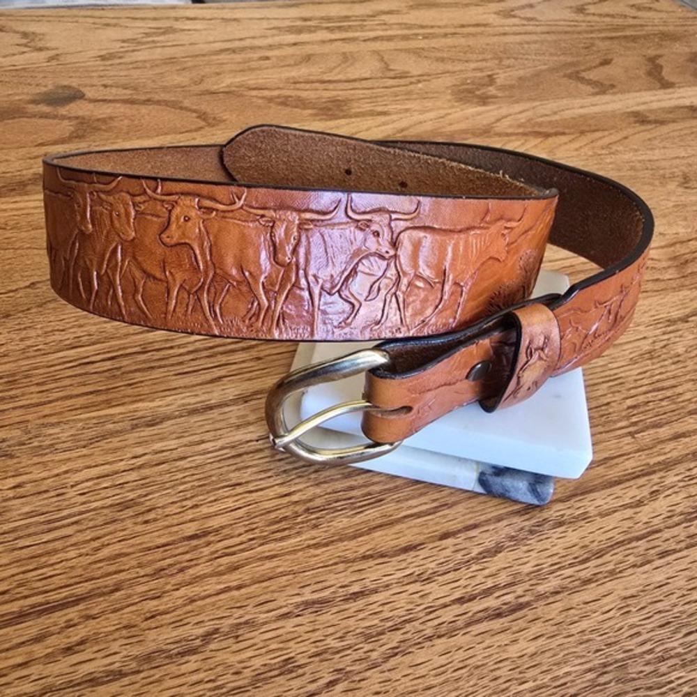 Al Stohlman Belt Brown Leather Embossed Western Longhorn Belt 32 - Picture 6 of 16